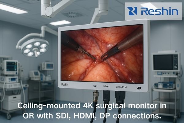 A modern OR with a 4K surgical monitor showing SDI, HDMI, and DP cables connected from various imaging devices.