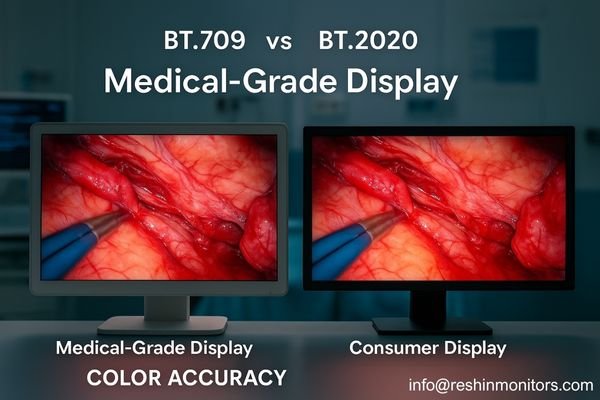 Side-by-side Reshin monitors with endoscopic image — left BT.2020, right BT.709.