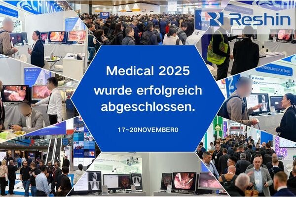 A collage showing Reshin’s presence at MEDICA 2025, featuring booth interactions, medical display demonstrations, and crowded exhibition scenes.