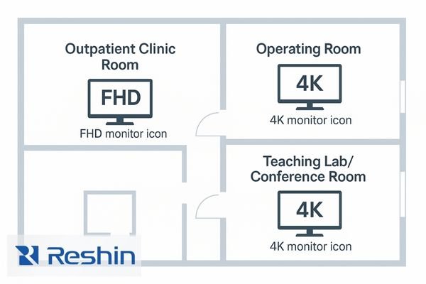 An infographic showing a hospital layout with different rooms. The outpatient clinic has an FHD monitor icon, while the Operating Room and a Teaching Lab have 4K monitor icons.