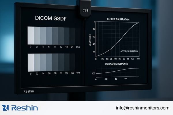 Close-up of a Reshin PACS diagnostic display showing the DICOM calibration process with improved grayscale differentiation
