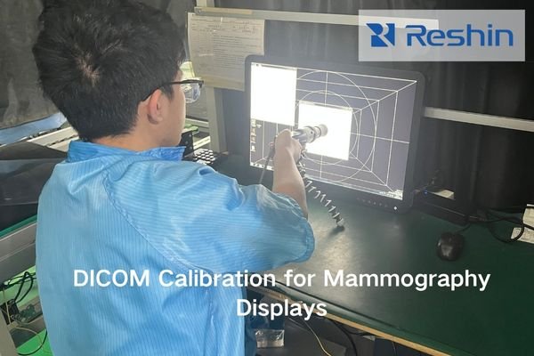 A detailed diagram showing DICOM calibration for a Reshin diagnostic mammography display with integrated sensors