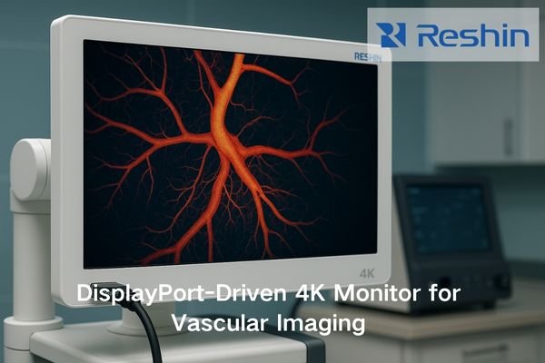 A 4K surgical monitor connected via DisplayPort, showing high-contrast vascular imaging with vivid color and fine detail.