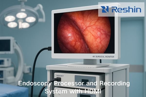 An endoscopy tower with a 4K surgical monitor connected via HDMI to an endoscopy processor and recording system.