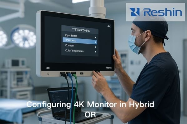 An engineer configuring SDI, HDMI, and DP inputs on a 4K surgical monitor in a well-lit hybrid operating room.