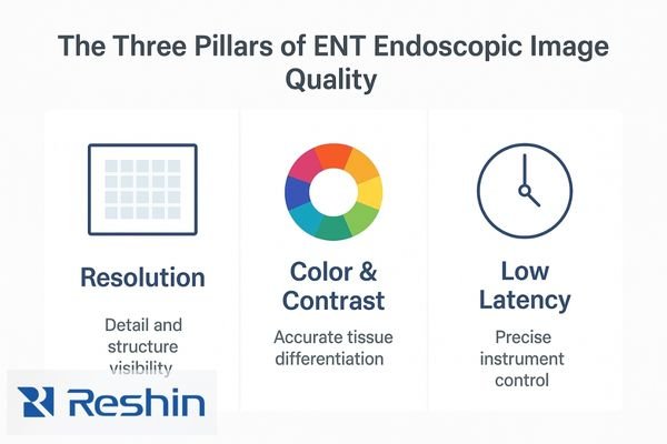 A diagram illustrating the three pillars of ENT image quality: a pixel grid icon for 