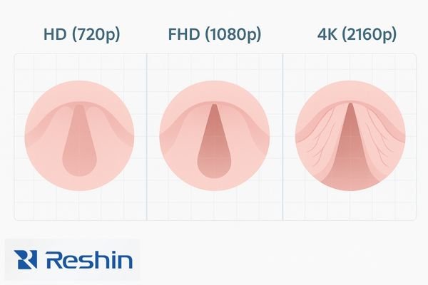 A side-by-side comparison of the same laryngeal image displayed in HD, FHD, and 4K. The 4K image shows remarkably clearer detail on the vocal fold's microvasculature.