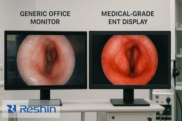 A split-screen image comparing an ENT procedure on a generic monitor versus a purpose-built medical display. The medical display shows significantly more detail and accurate color in the nasal cavity.