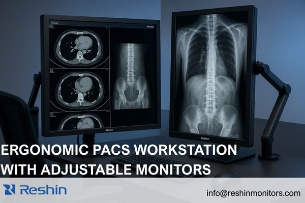Ergonomic PACS workstation featuring dual Reshin diagnostic monitors with adjustable height and portrait-mode capability