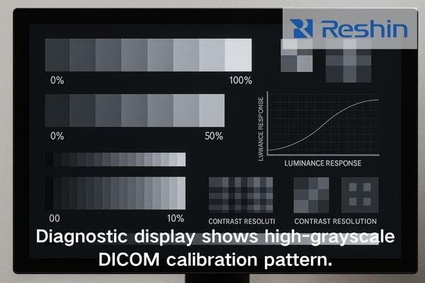 Close-up of Reshin diagnostic display showing DICOM calibration pattern and smooth grayscale transitions
