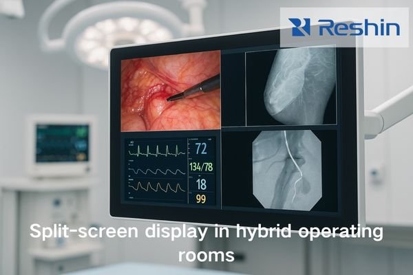 Close-up of a 4K surgical monitor in quad-view mode displaying multiple clinical sources in a hybrid OR setup