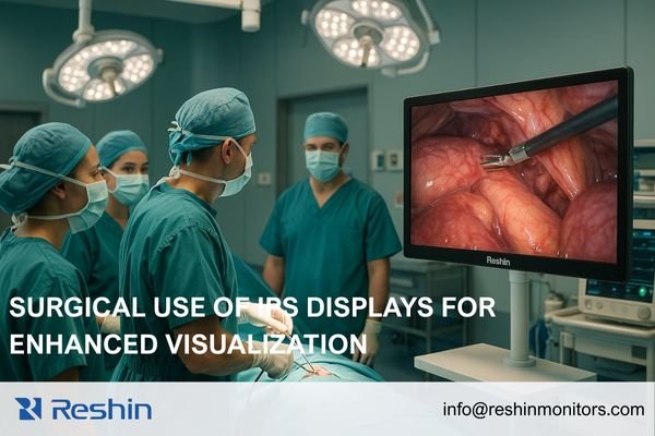 A modern surgical team using an IPS-based medical display for real-time imaging, highlighting wide-angle visibility and color fidelity