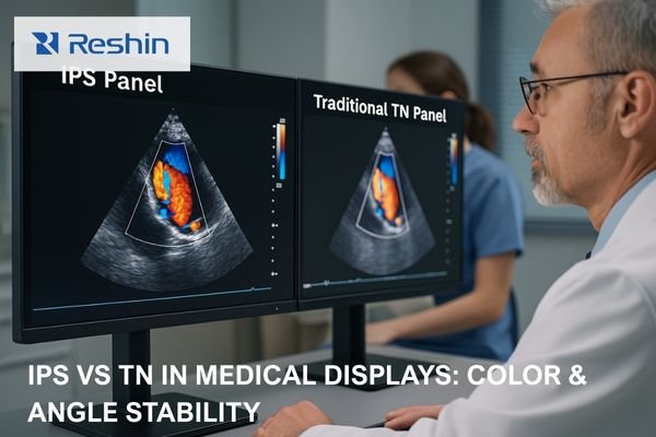 Split-screen of IPS vs TN medical monitors showing truer color and smoother grayscale on IPS.