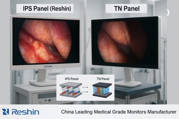 Comparison of IPS panel **Reshin medical display** versus conventional TN panel showing superior color consistency and wider viewing angles in a clinical setting