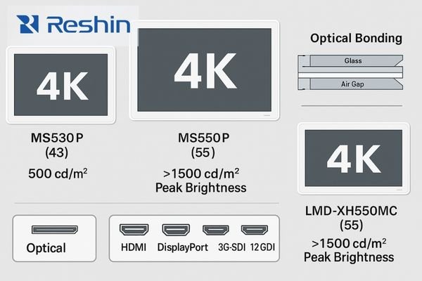 A detailed comparison layout of three large-format 4K surgical monitors with highlighted specifications such as luminance in cd/m², an illustration of optical bonding, and multiple labeled input connectors including HDMI, DP, and SDI