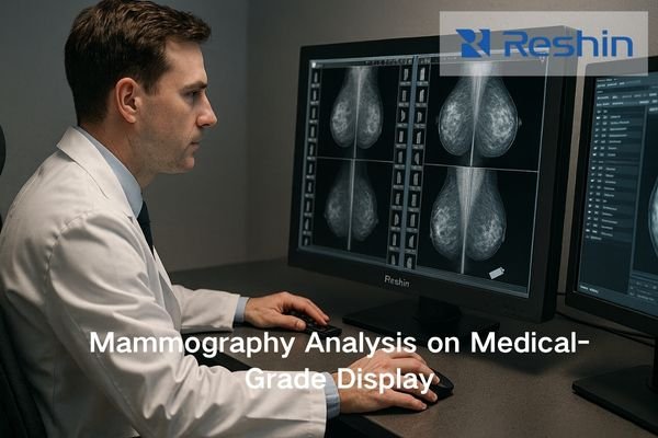 A radiologist reviewing mammography images on a high-resolution Reshin medical-grade mammography display in a hospital reading room
