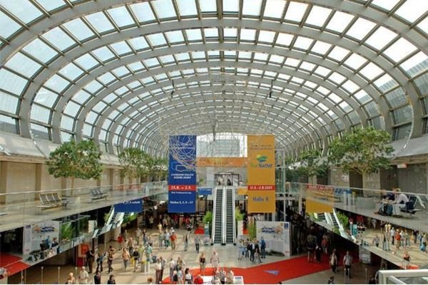 Entrance hall of MEDICA Düsseldorf exhibition center with official logo