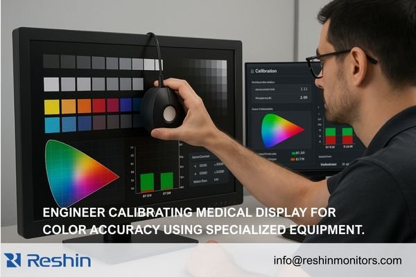 Medical engineer evaluating Delta-E, uniformity, and color gamut coverage on a professional medical display calibration workstation
