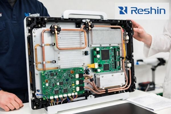 Engineer demonstrating internal components of a medical display showing thermal management and signal redundancy