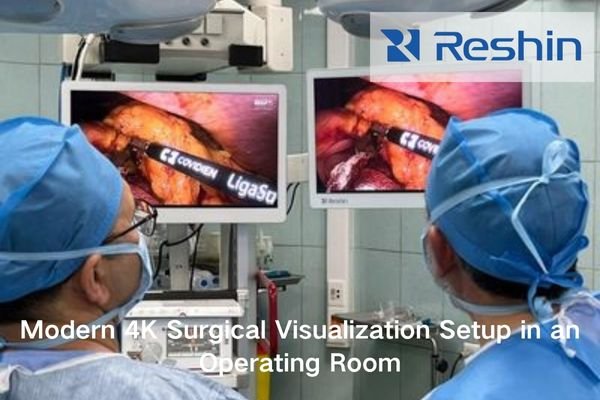 An image of a modern operating room featuring multiple 4K surgical monitors displaying endoscopic images during a laparoscopic procedure.
