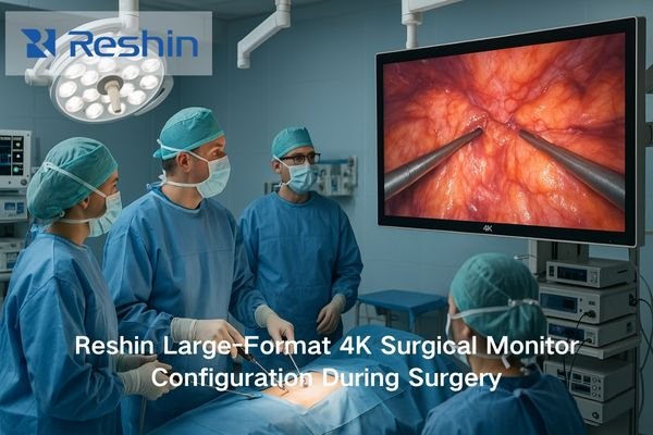 A surgeon and team performing a minimally invasive procedure while viewing a large 55-inch 4K large-format surgical monitor mounted on the OR wall, demonstrating improved shared visualization for the whole team