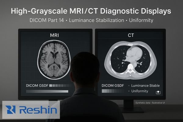 Radiologist reviewing MRI and CT on high-grayscale DICOM-calibrated monitors.