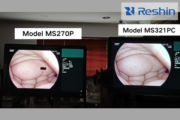 Three Reshin monitors (MS247SA, MS270P, MS321PC) connected to ELUXEO™ 7000 during compatibility testing.