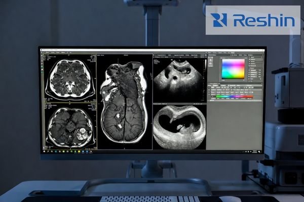 An image of a diagnostic radiology workstation showing CT, MRI, ultrasound, and endoscopy images side-by-side on a calibrated medical-grade display, demonstrating consistent grayscale and color performance across multi-modality imaging.