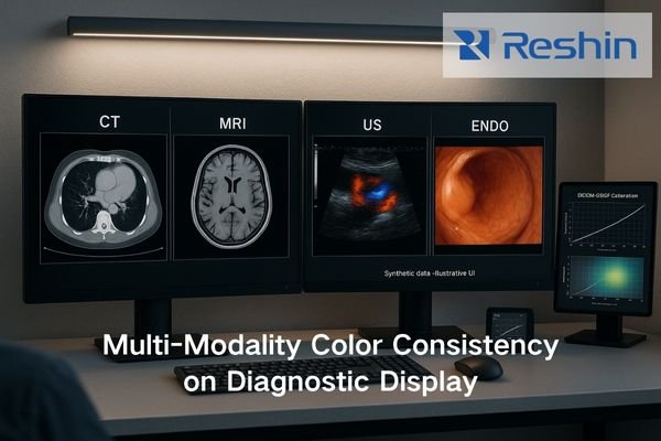 Diagnostic workstation showing CT, MRI, ultrasound, and endoscopy with matched grayscale and color.