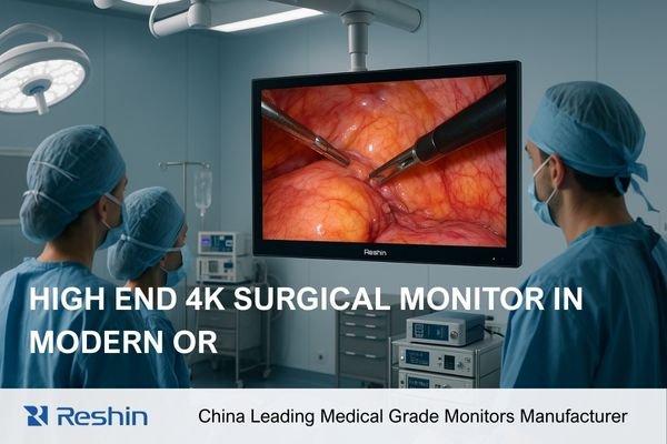 An image of a modern 4K surgical monitor setup in a bright operating room, showing detailed endoscopic imagery clearly visible to the entire surgical team.