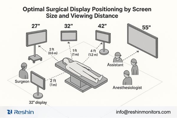 A diagram illustrating optimal placement of 27-inch, 32-inch, 42-inch, and 55-inch surgical displays at different viewing distances in an OR layout.