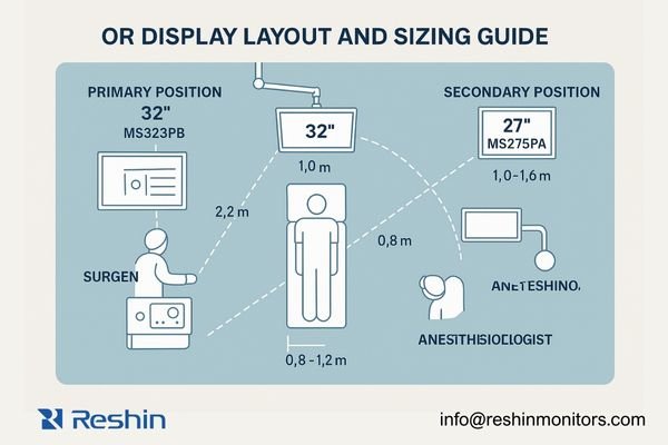 An image illustrating optimal OR display placement and sizing, with recommended viewing distances and monitor zone layouts.