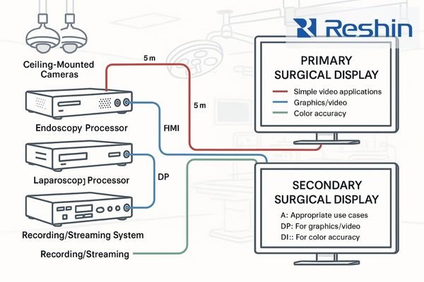 A system-level OR diagram showing color-coded SDI, HDMI, and DP signal paths from multiple devices to 4K surgical monitors.