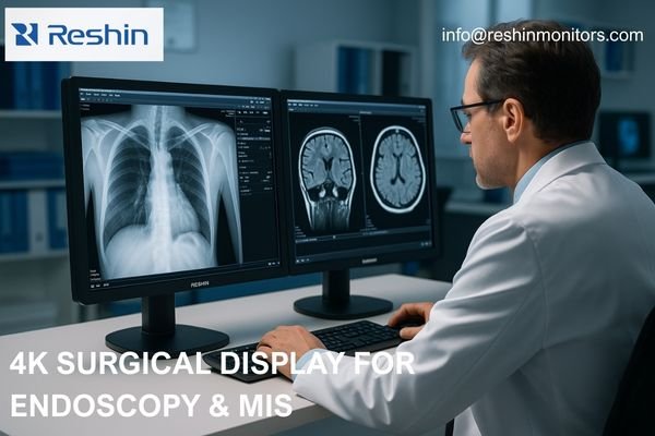 Radiologist reviewing CT/MRI on dual PACS diagnostic monitors in a reading room.