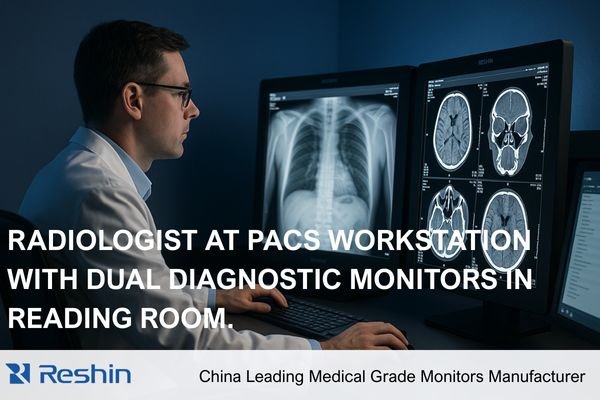 Radiologist working at a PACS workstation using dual Reshin PACS diagnostic monitors in a modern radiology reading room environment