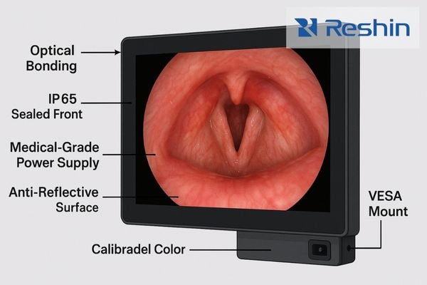An image showing a close-up of a purpose-built surgical display, with callouts pointing to features like 
