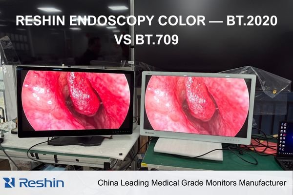 Comparison of BT.709 vs BT.2020 medical display color accuracy on a Reshin surgical monitor compared to a consumer display
