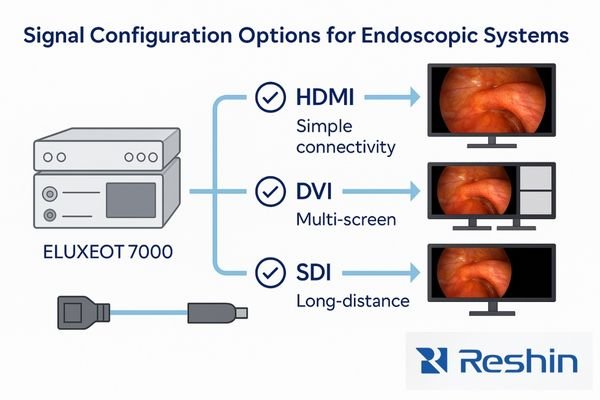A compatibility checklist showing signal synchronization, latency, and color performance benchmarks between ELUXEO™ 7000 and Reshin displays.
