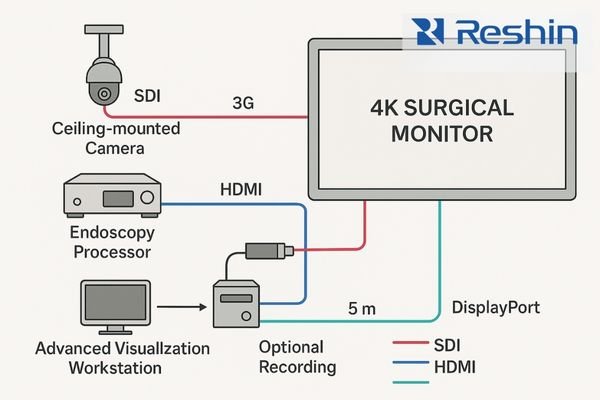 A simplified diagram showing multiple imaging devices connected via SDI, HDMI, and DP to a single 4K surgical monitor in the OR.