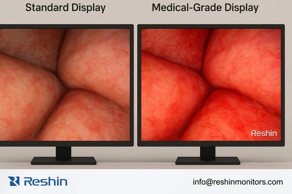 A comparison image showing standard display vs medical-grade display with improved color accuracy and tissue differentiation.