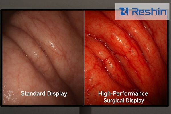 Side-by-side comparison of standard vs high-performance surgical displays showing differences in tissue detail visibility