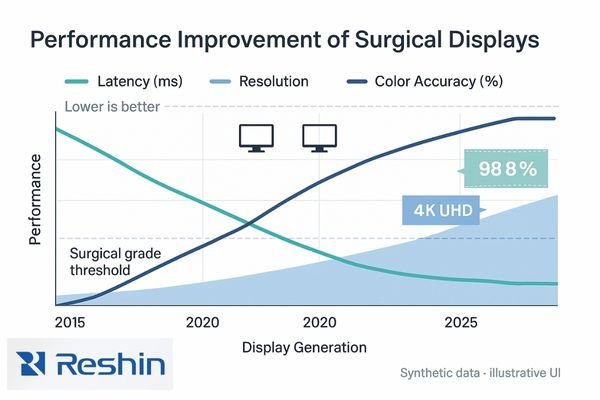 Graph comparing latency, resolution, and accuracy metrics across surgical display generations.