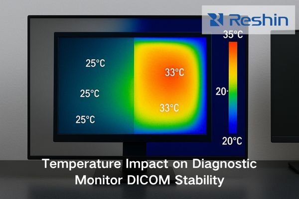 Thermal visualization of a diagnostic monitor showing temperature distribution across the panel, with hotter and cooler zones highlighted.