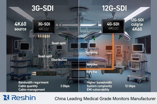 An illustration comparing 3G-SDI and 12G-SDI signal behavior feeding 4K surgical display monitors in an operating room, with EMI hotspots around medical devices