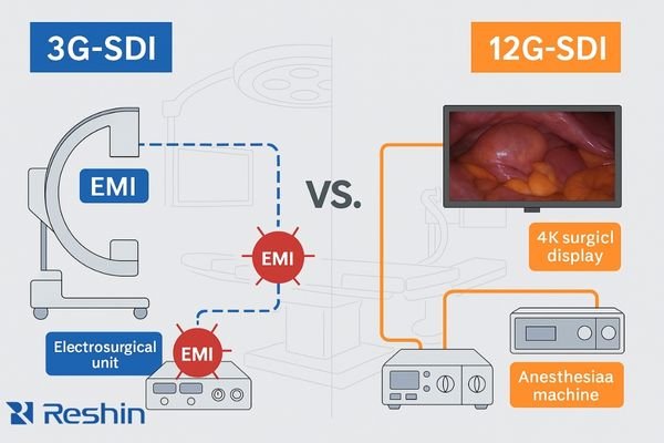 Infographic comparing 3G-SDI vs 12G-SDI in an OR, highlighting EMI hotspots and a 4K surgical display.