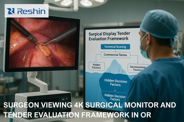 Surgeon viewing 4K surgical monitor and tender evaluation framework in OR