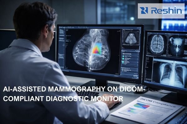 Radiologist reviewing AI-assisted mammogram with heatmap overlay on a DICOM-calibrated diagnostic monitor, alongside additional brain and chest scans and a DICOM compliance report