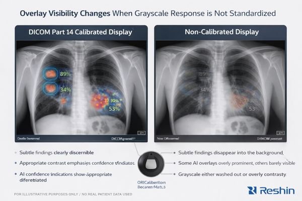 A side-by-side comparison of the same AI overlay on calibrated vs non-calibrated displays.