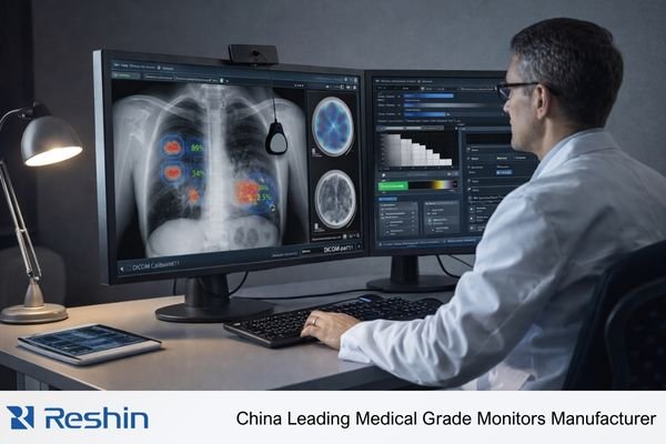A clinician reviewing AI overlays on a calibrated diagnostic workstation in a reading room.