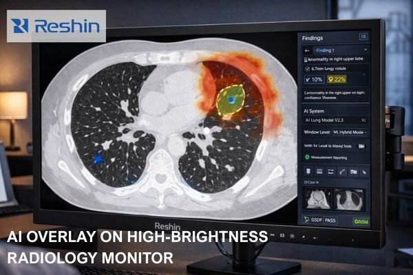 An image of a lung screening viewer showing grayscale anatomy with AI overlay elements (heatmap and contour) on a high-brightness radiology monitor.